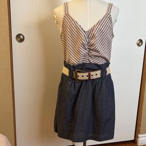 I Heart Ronson Navy Eyelet Midi Dress with Cream Woven Belt